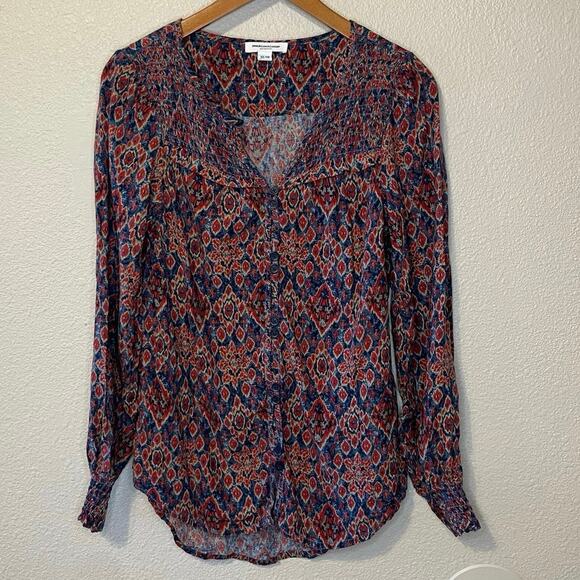 Beach Lunch Lounge Boho Red & Blue Boho Print Long Sleeve Cottage Core Blouse XS - Picture 1 of 9